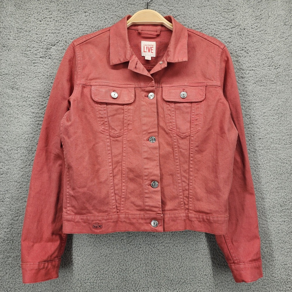 Lacoste LIVE Womens Red Pink Denim Jacket Stretch Cotton Button Up‎ Size Medium